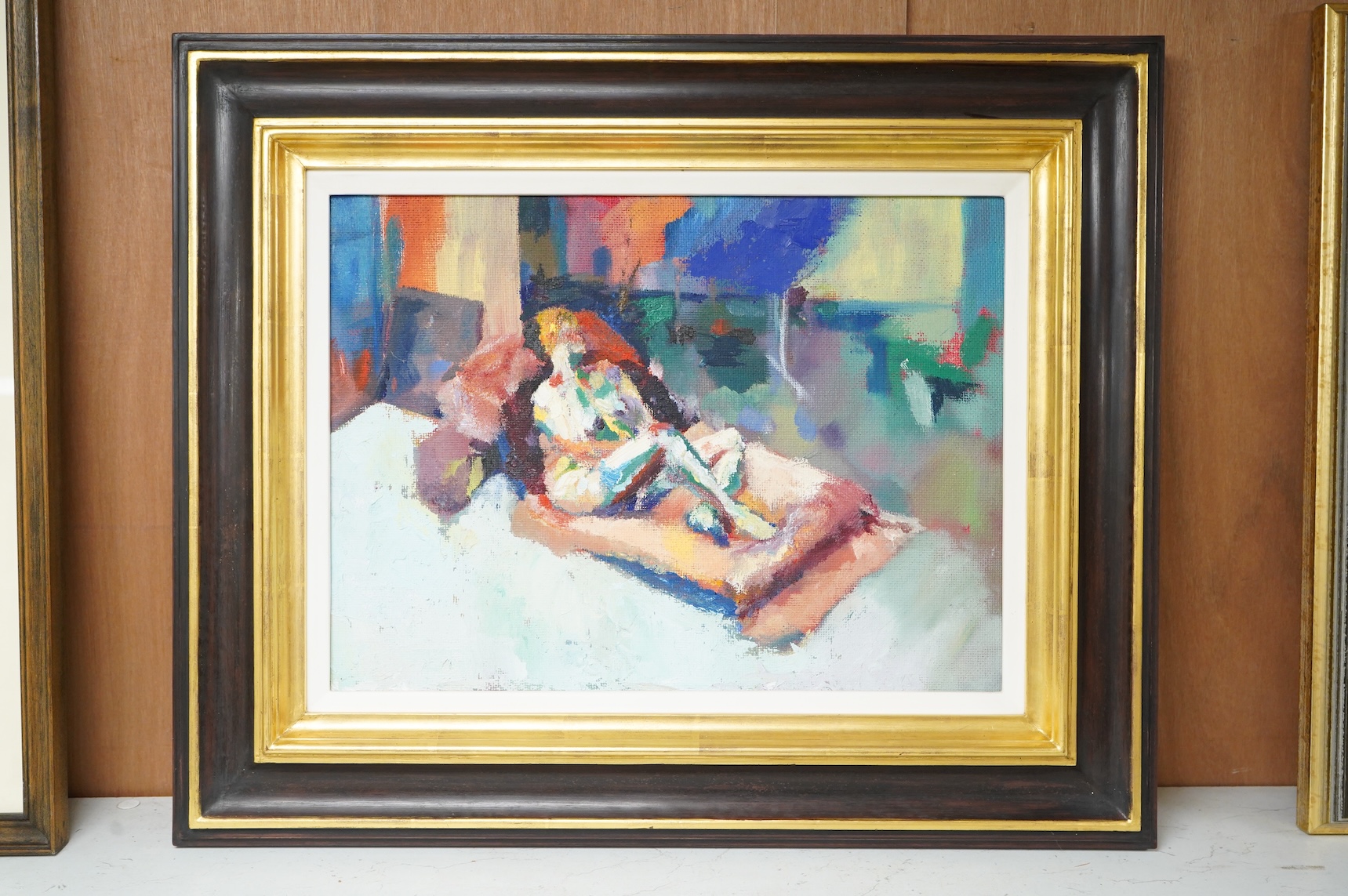 Contemporary School, abstract study of a seated figure, unsigned, oil on canvas board, 28 x 38cm